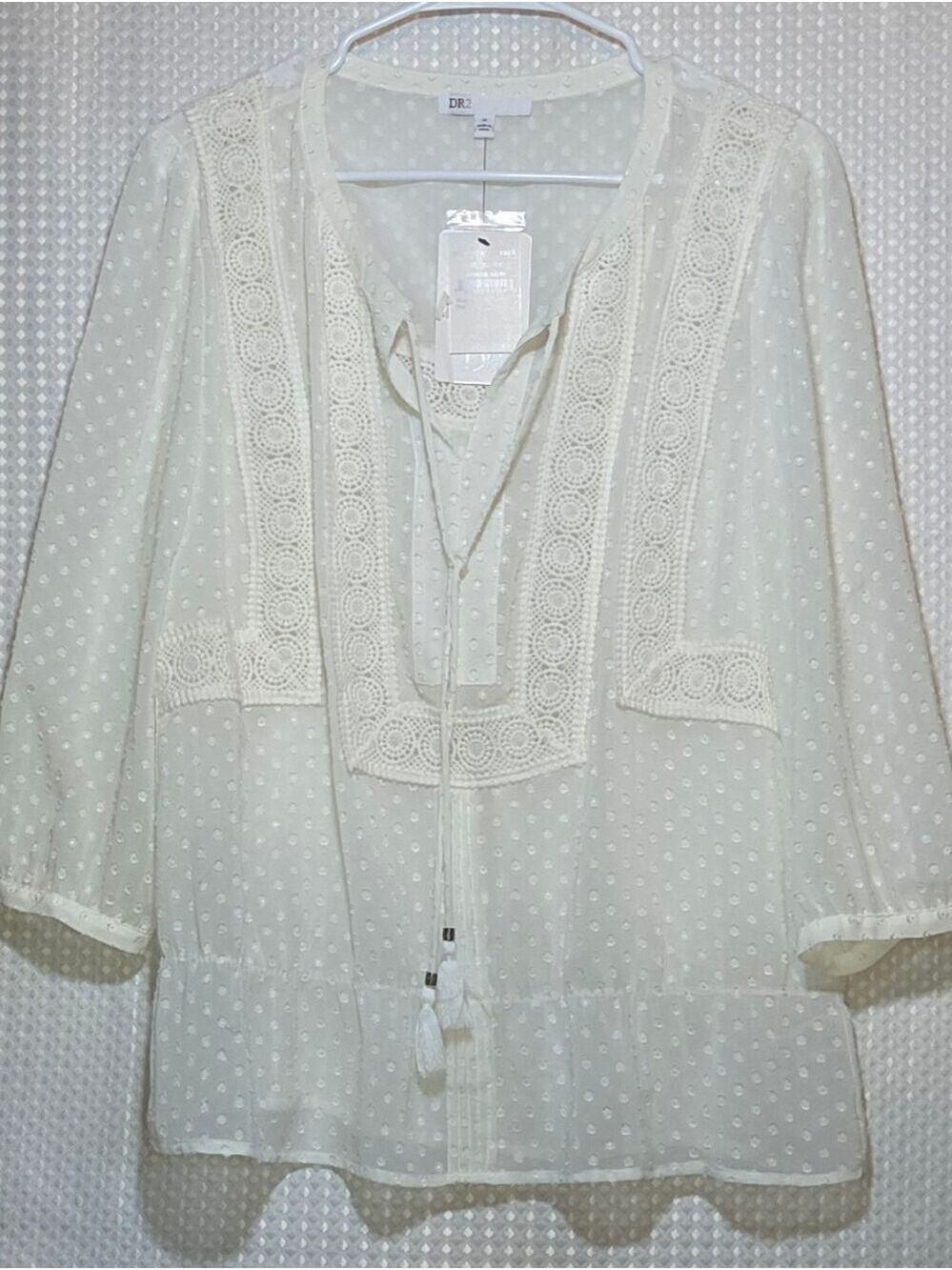 Boho Swiss Dot Crochet Lace Tassel Blouse Top Romantic Cottagecore NWT Medium - Picture 11 of 13
